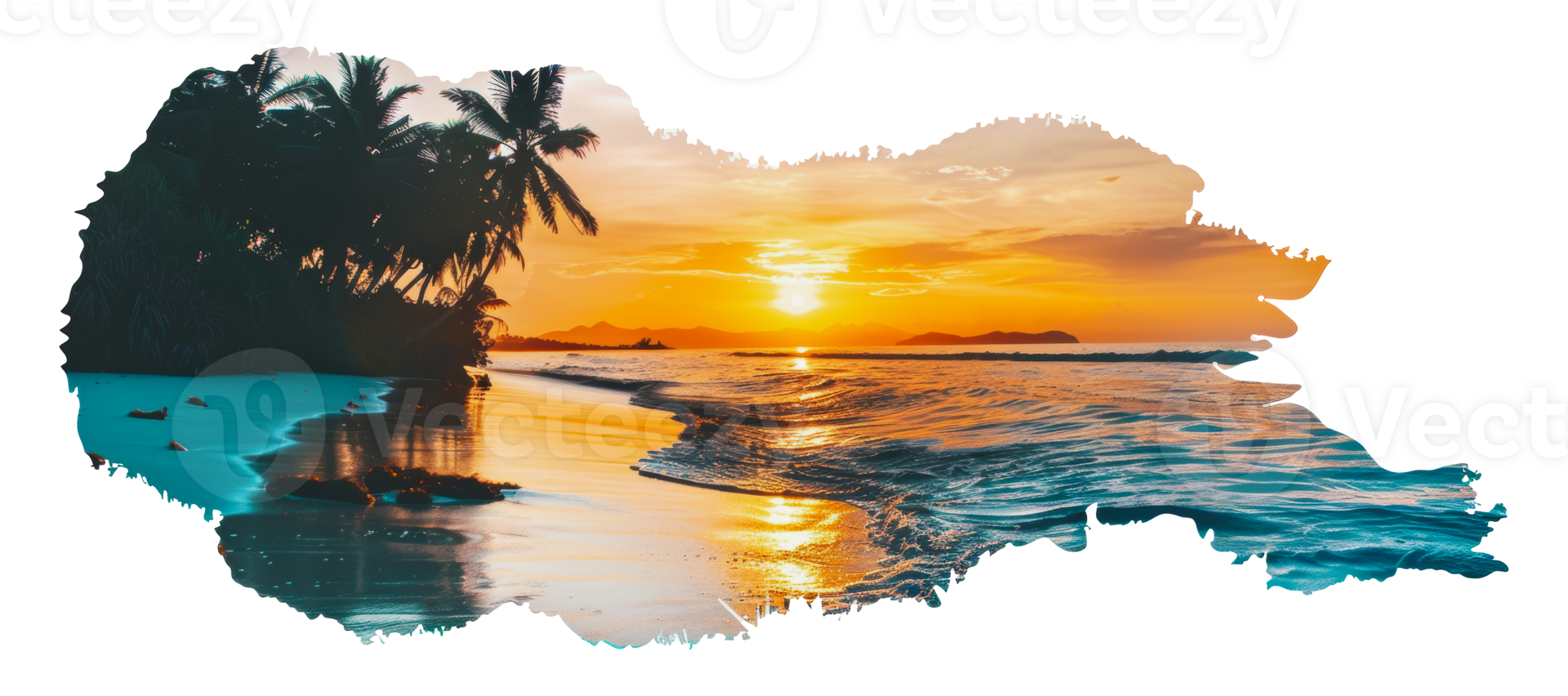 Tropical sunset beach scene with palm trees and waves, cut out - stock png. png
