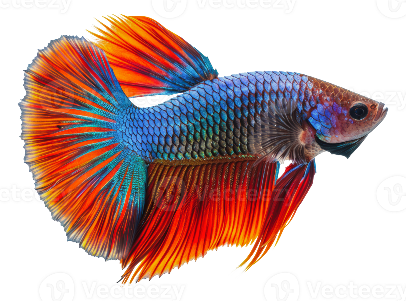 Vibrant siamese fighting fish with long, flowing fins against a white background, cut out - stock png. png