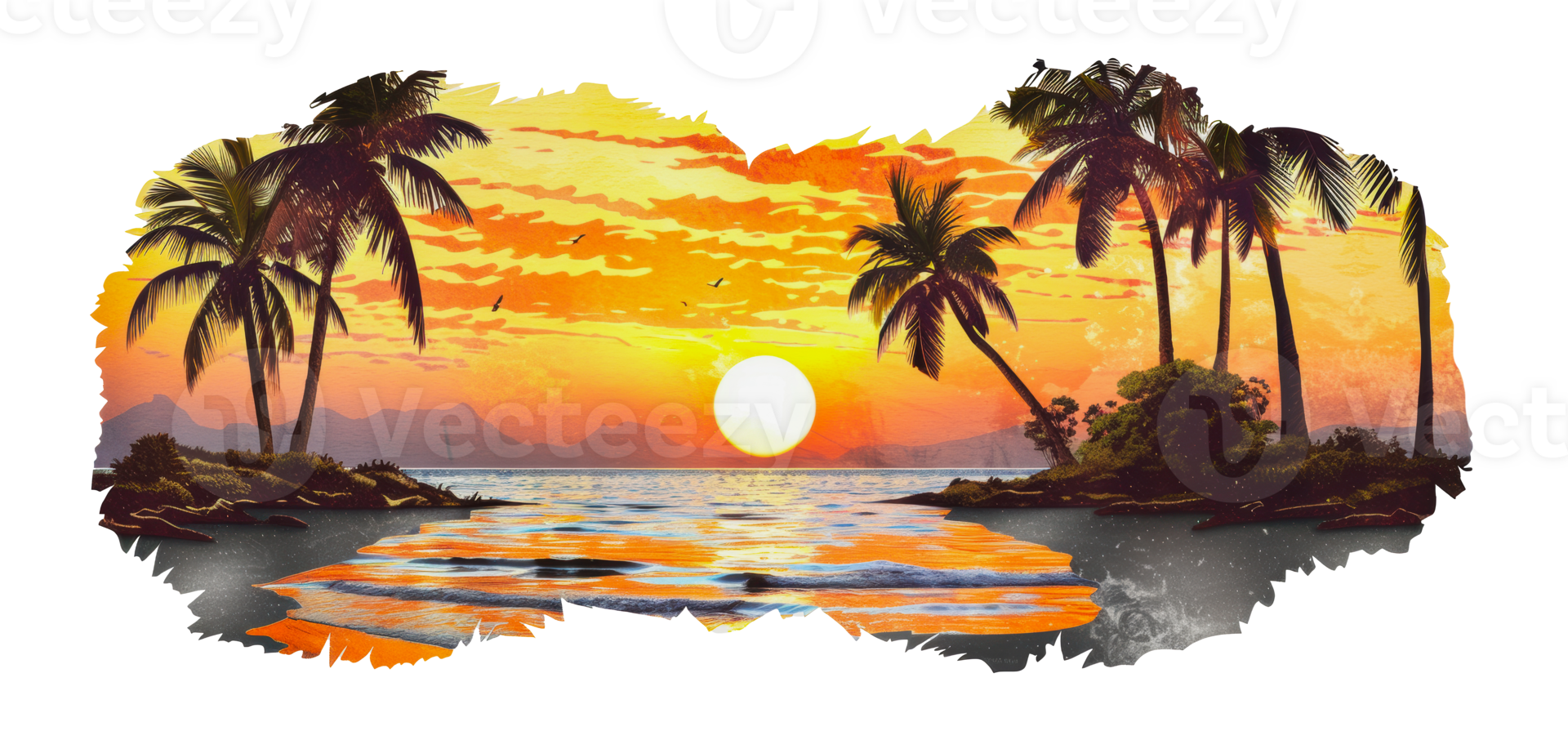 Tropical sunset over a beach with palm trees, cut out - stock png. png
