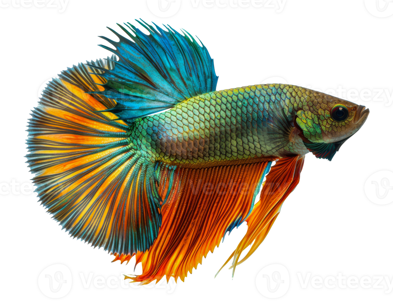 A vibrant siamese fighting fish with green, blue, and orange fins against a white background, cut out - stock png. png