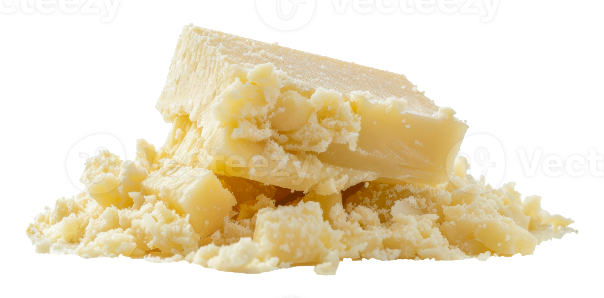 A pile of grated and chunks of hard cheese, cut out - stock png. png