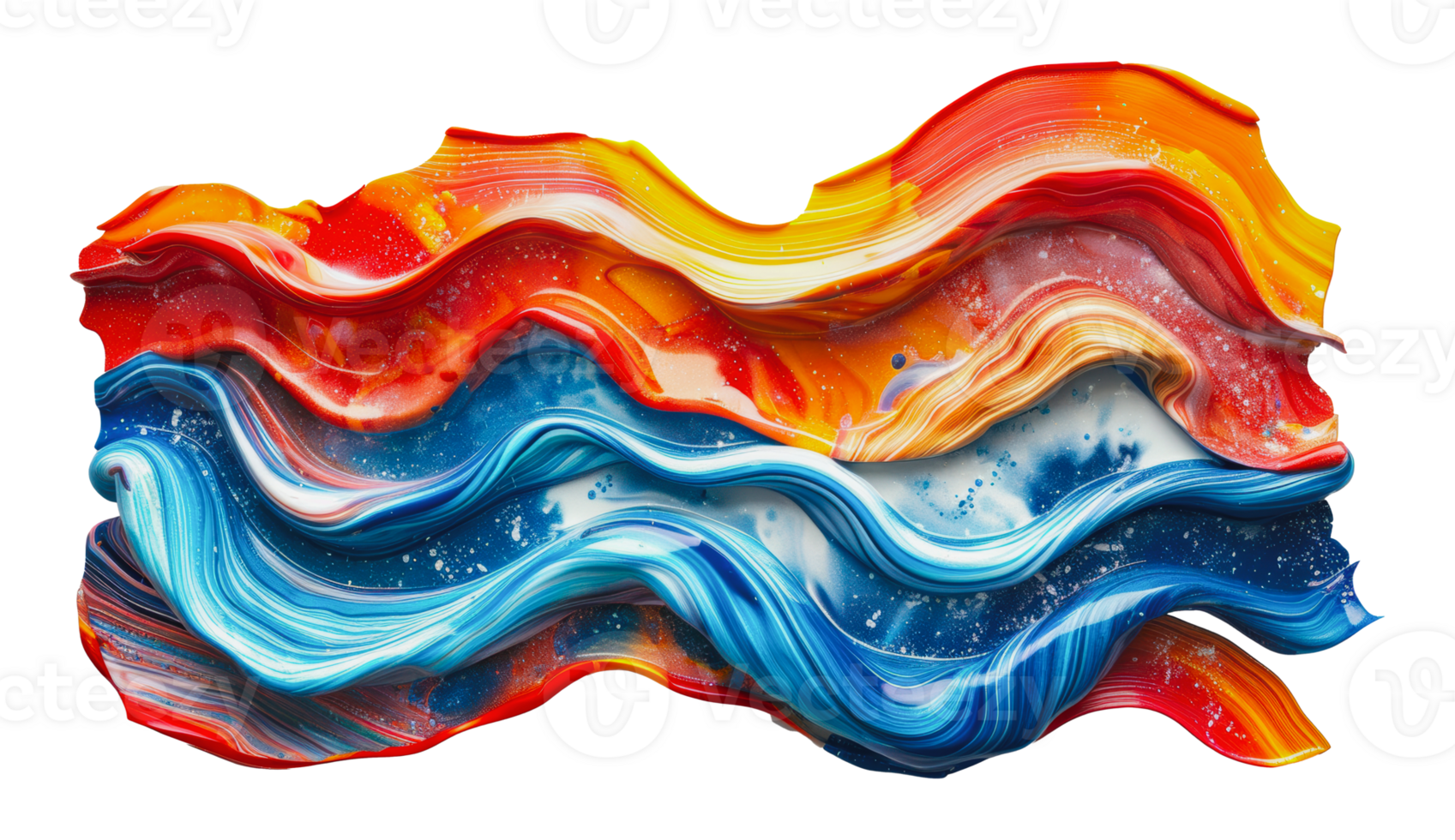 Abstract wavy painting of red, orange, blue, and white paint swirls, cut out - stock png. png