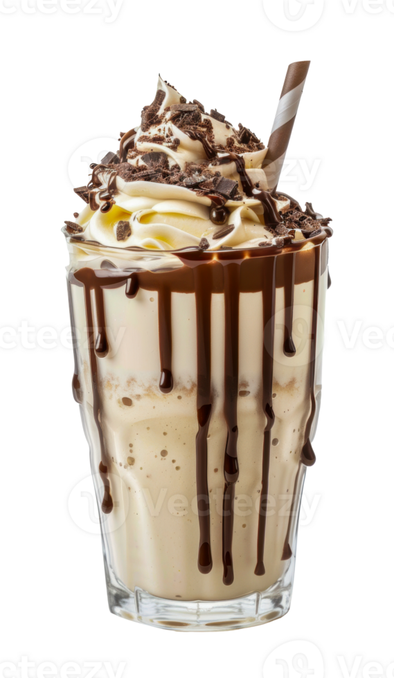 Chocolate drizzle milkshake with whipped cream and chocolate sprinkles, cut out - stock png. png