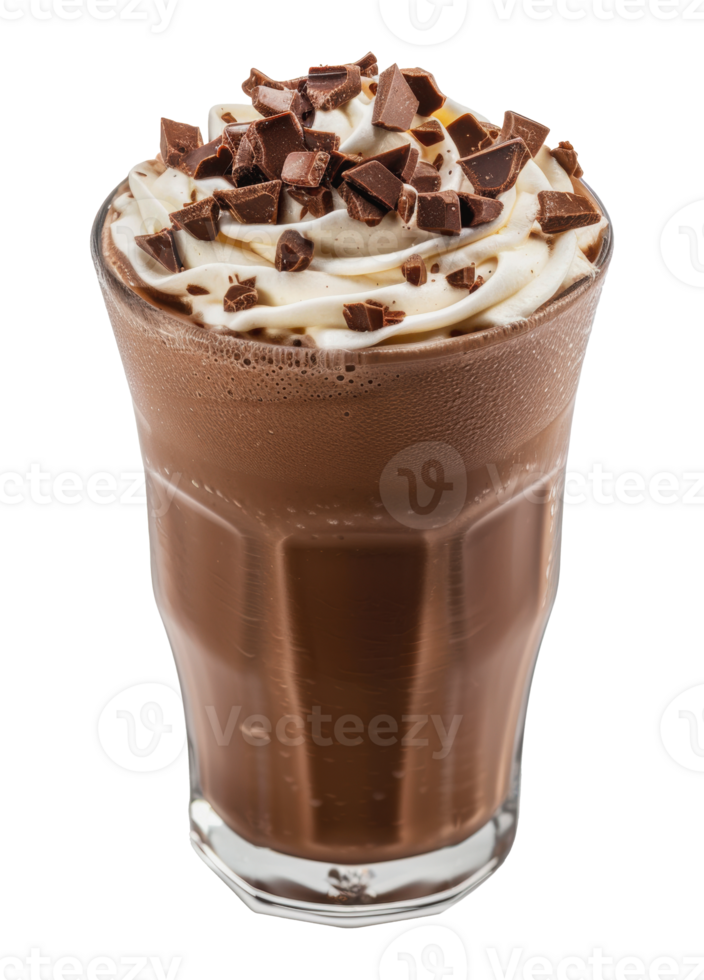 Chocolate milkshake with whipped cream and chocolate shavings, cut out - stock png. png