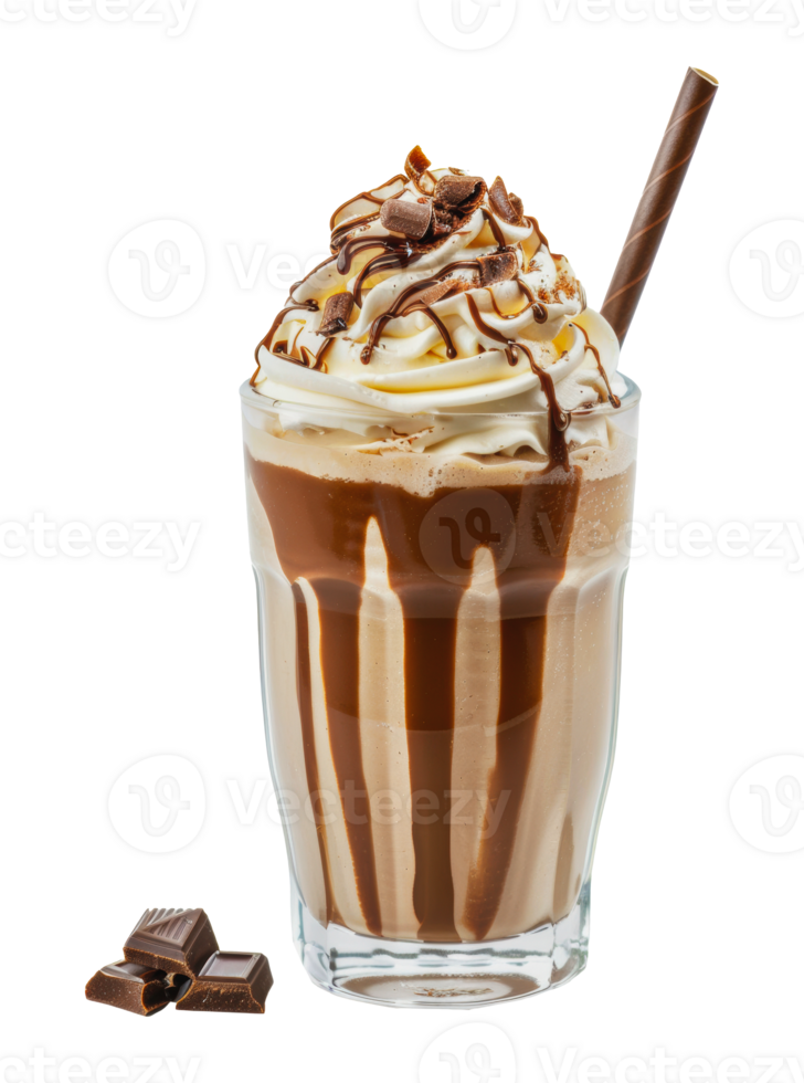 Chocolate milkshake with whipped cream and chocolate drizzle, cut out - stock png. png