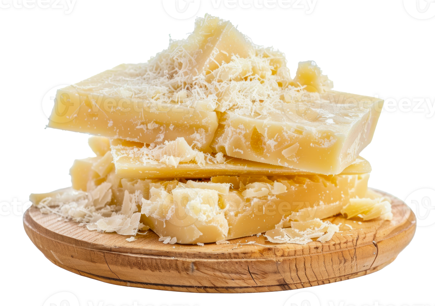 Freshly grated parmesan cheese on wooden cutting board, cut out - stock png. png