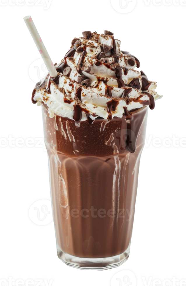 Chocolate milkshake with whipped cream and chocolate drizzle, cut out - stock png. png
