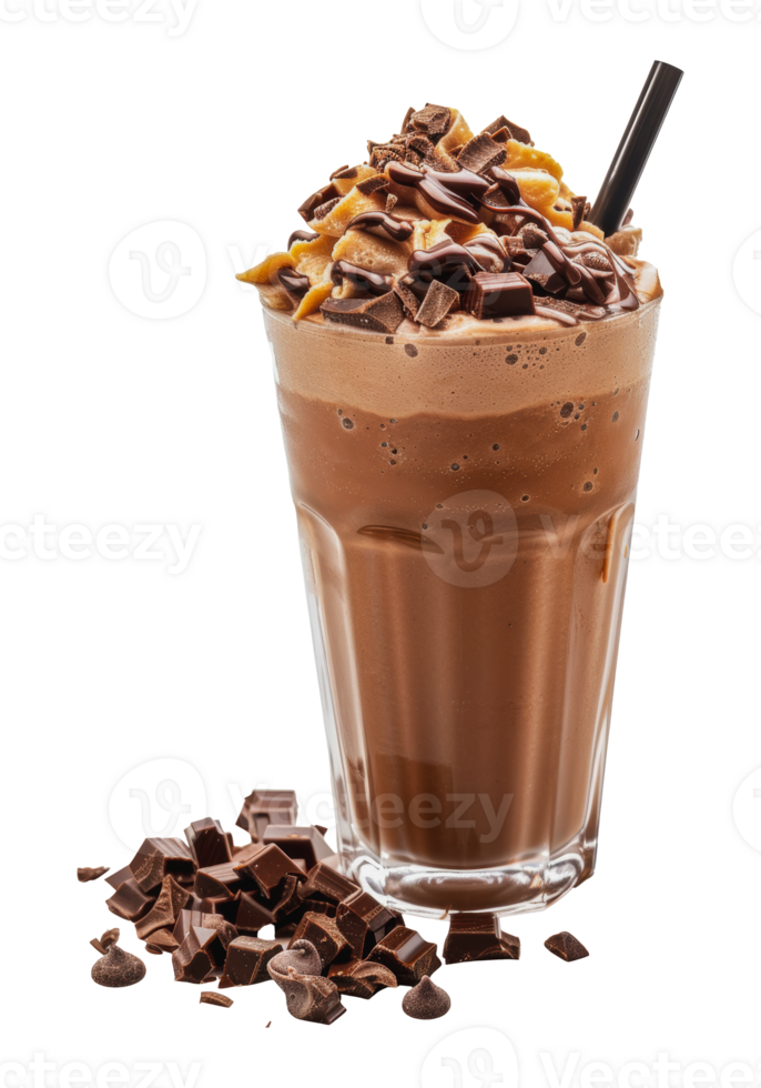 Chocolate peanut butter milkshake with whipped cream and chocolate shavings, cut out - stock png. png
