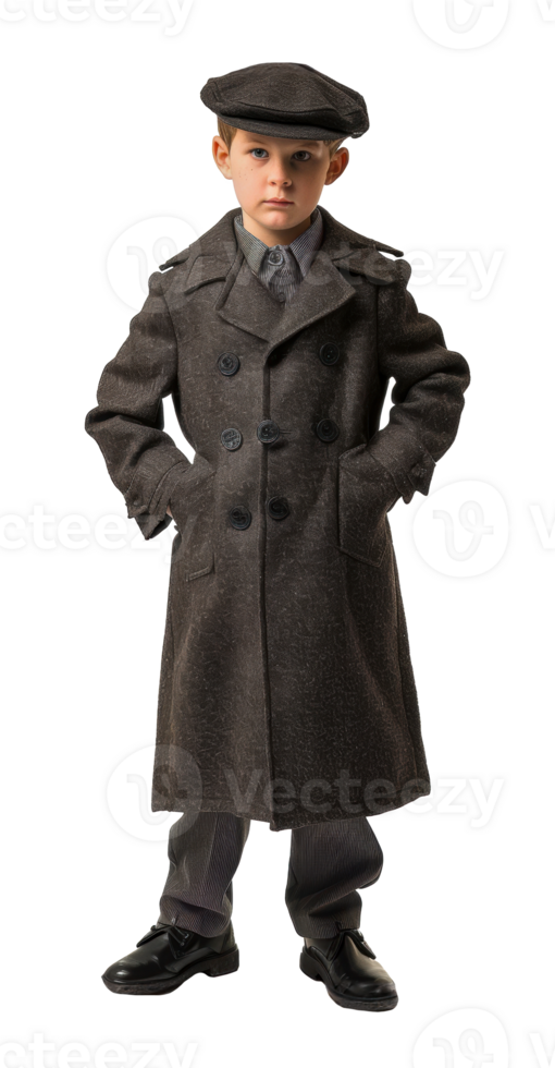 Young boy wearing a peacoat and cap, cut out - stock png. png