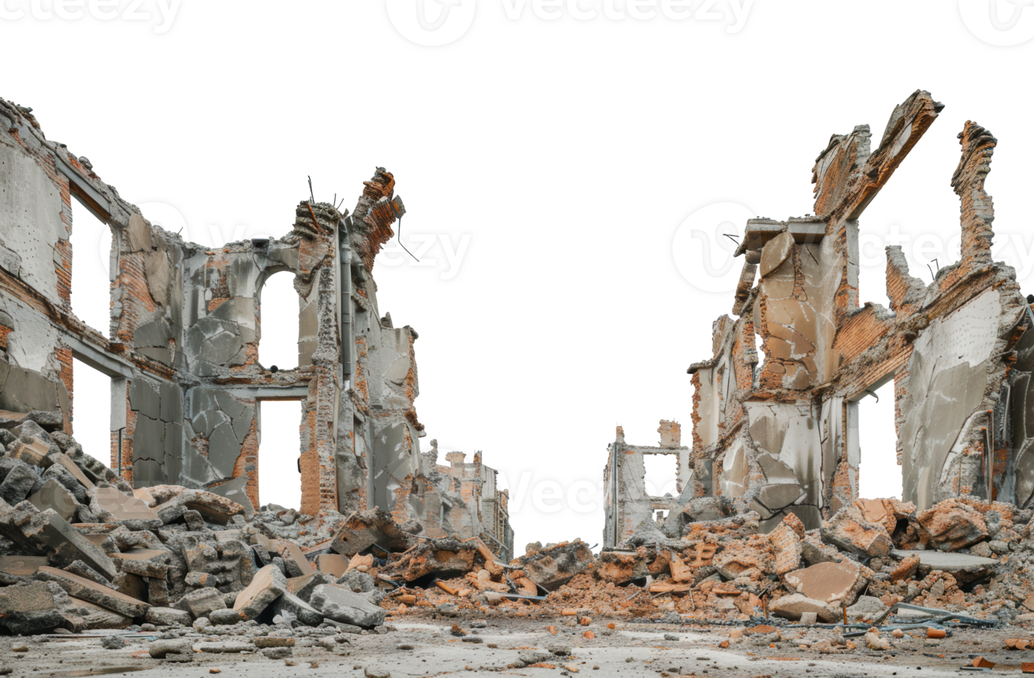 Ruined brick building facade with debris, cut out - stock png. png