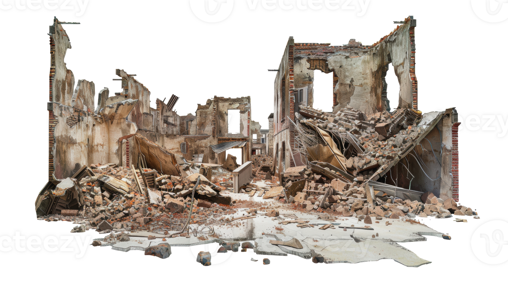 Crumbling brick walls and rubble of a destroyed building, cut out - stock png. png