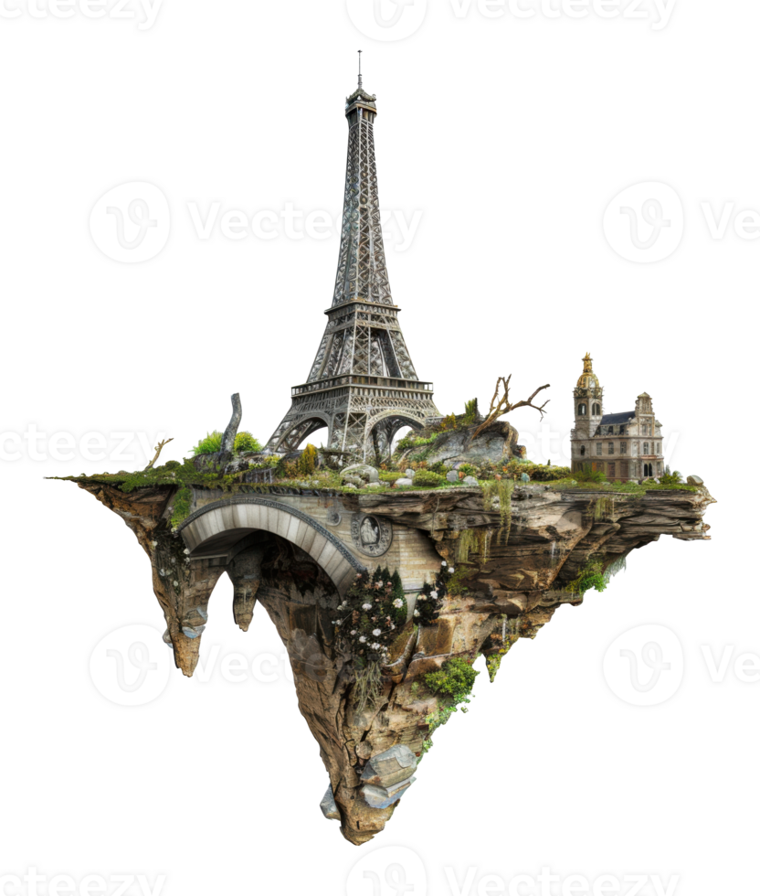 Eiffel tower and stone bridge on a floating island, cut out - stock png. png
