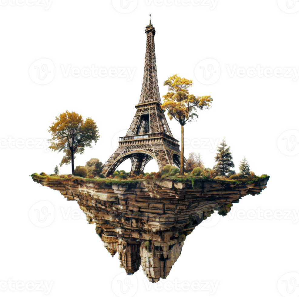 Eiffel tower on a floating island in autumn, cut out - stock png. png