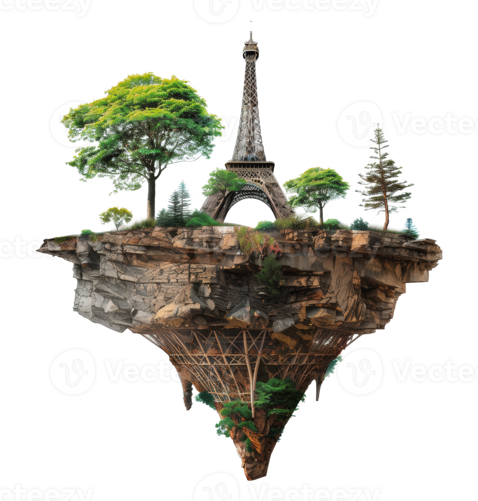 Floating eiffel tower island with lush greenery, cut out - stock png. png