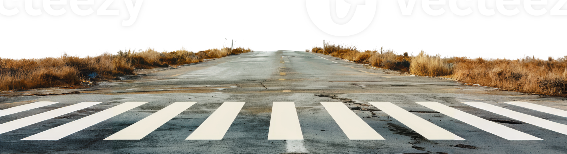 Empty crosswalk on a rural road leading towards a distant horizon, cut out - stock png. png