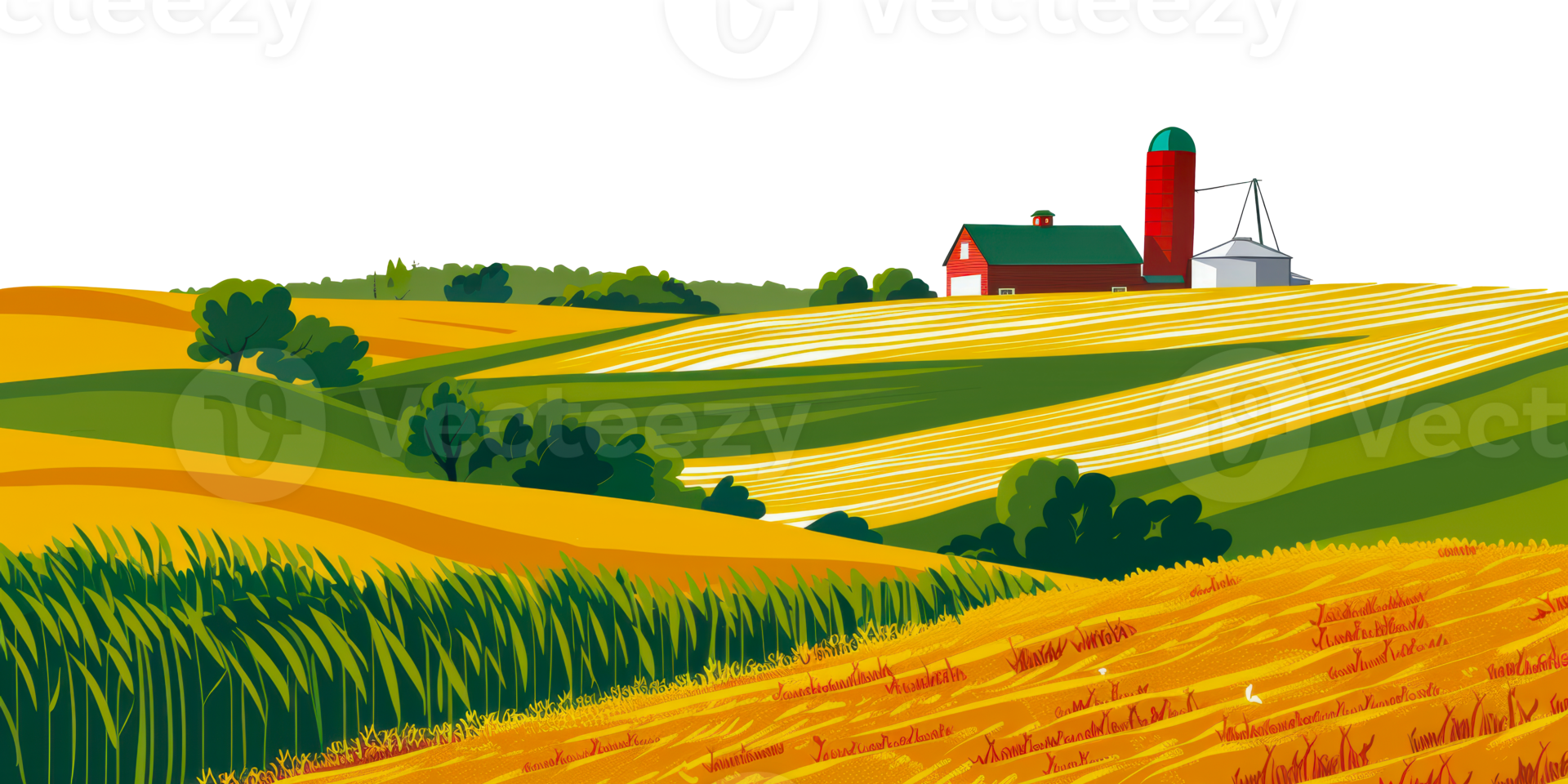 Rolling hills and a red barn in a summer farm landscape, cut out - stock png. png