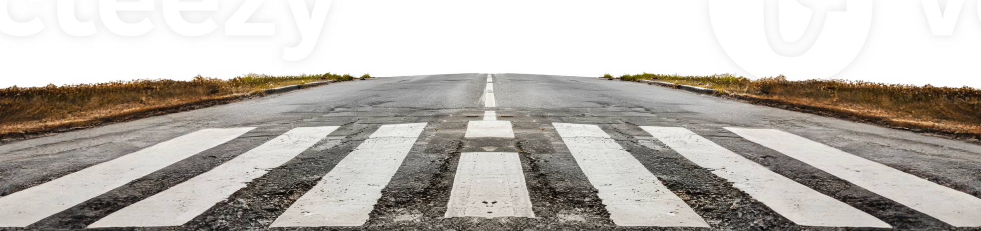 A worn crosswalk on a straight, empty road leading towards a bright horizon, cut out - stock png. png