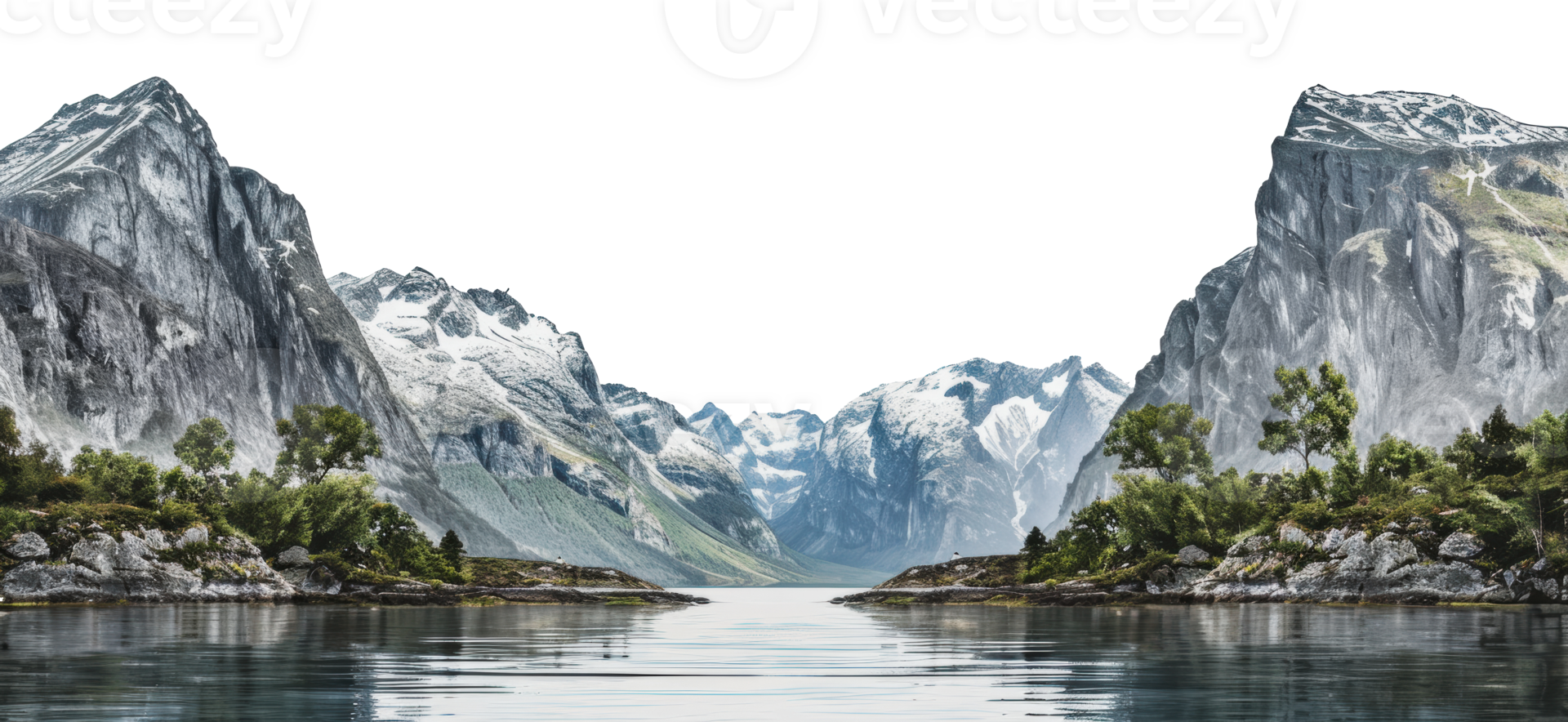 Majestic snowy mountain peaks rise above calm fjord waters, cut out - stock png. png