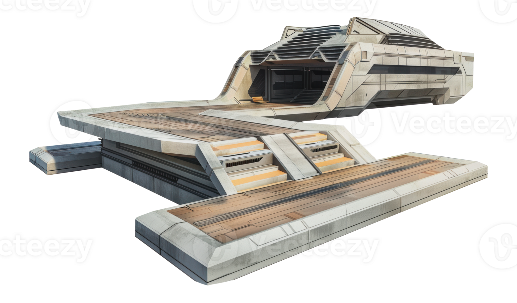 Futuristic spacecraft docked at landing platform, cut out - stock png. png