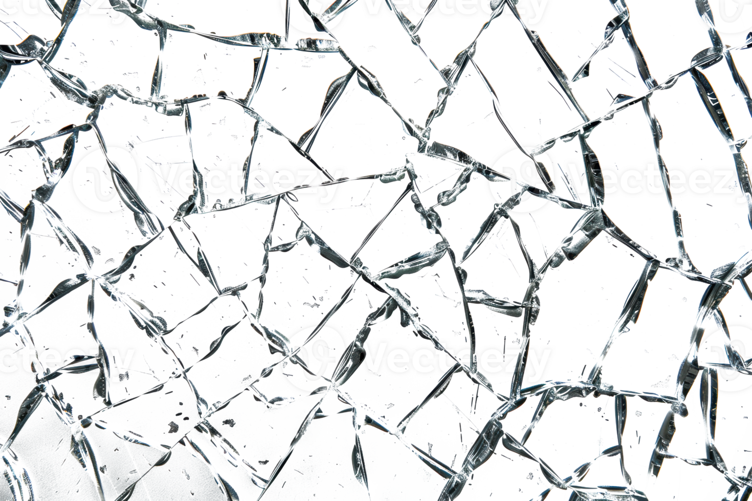 Close up view of shattered glass with sharp edges and cracks, cut out - stock png. png