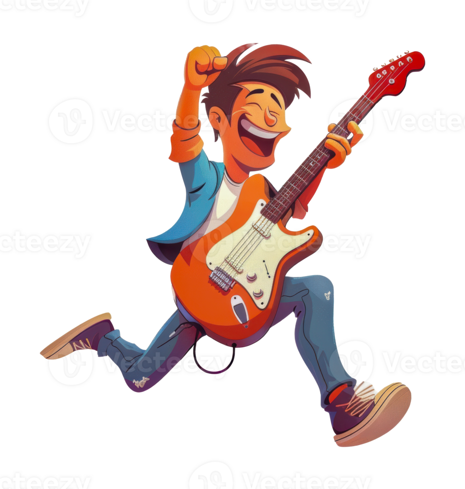 Smiling guitarist performing energetic rock solo during concert, cut out - stock png. png