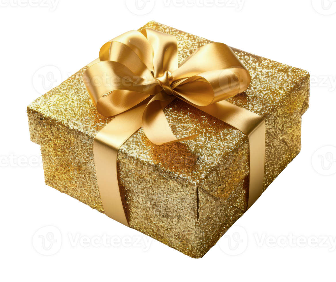 Gold gift box with satin ribbon, cut out - stock png. png