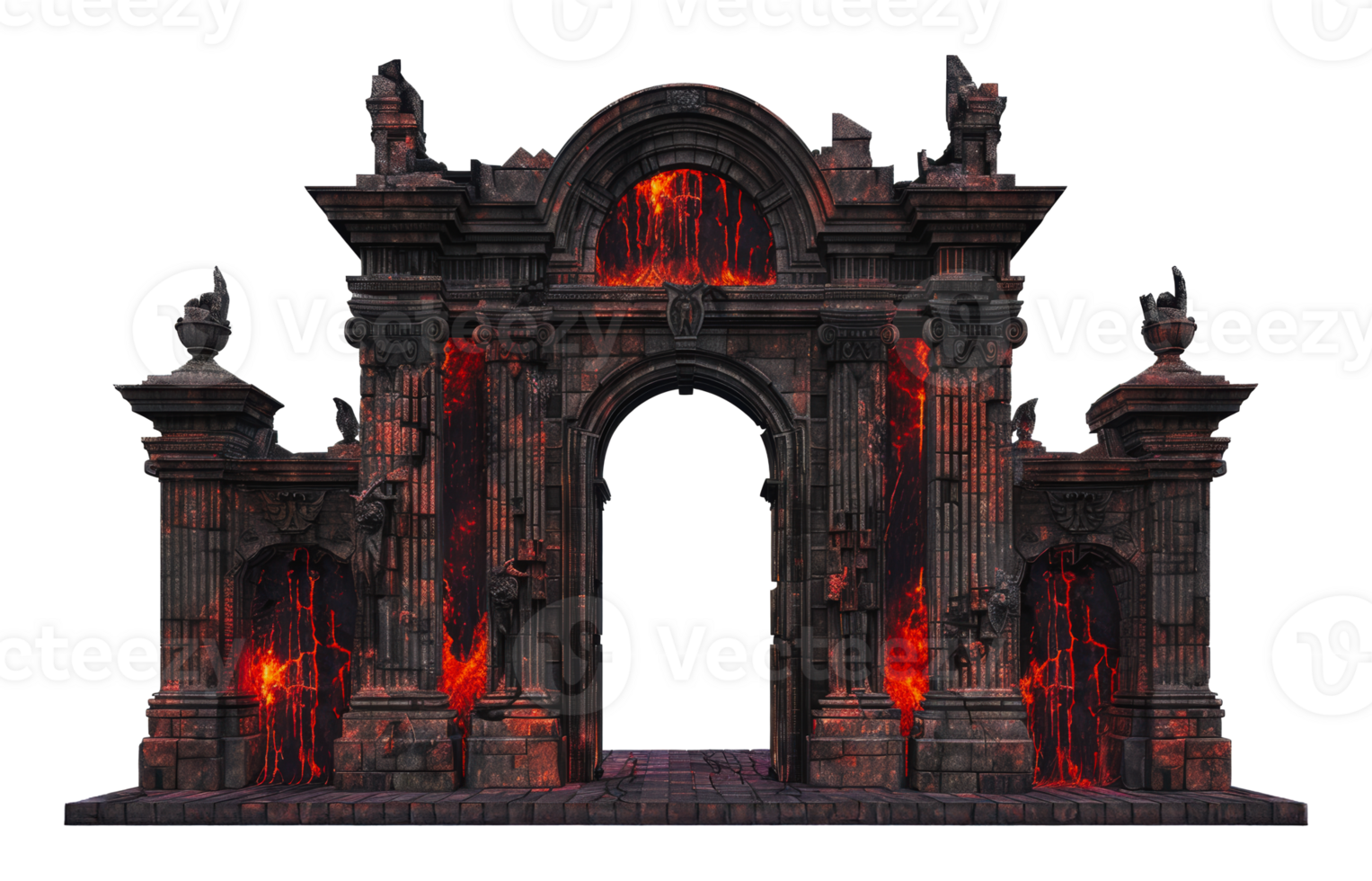 Ancient stone archway burning with lava flames, cut out - stock png. png