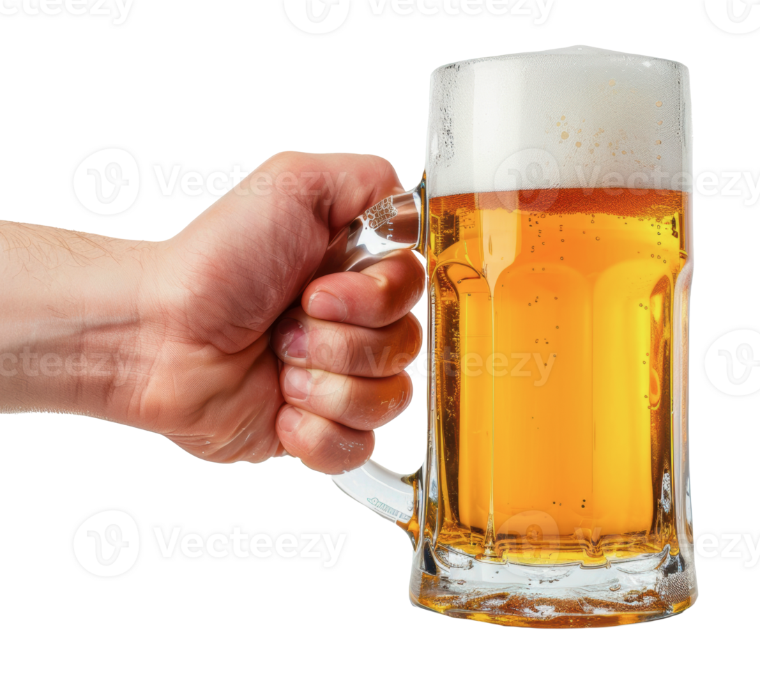 Hand holding a full glass of beer with foam on top, cut out - stock png. png