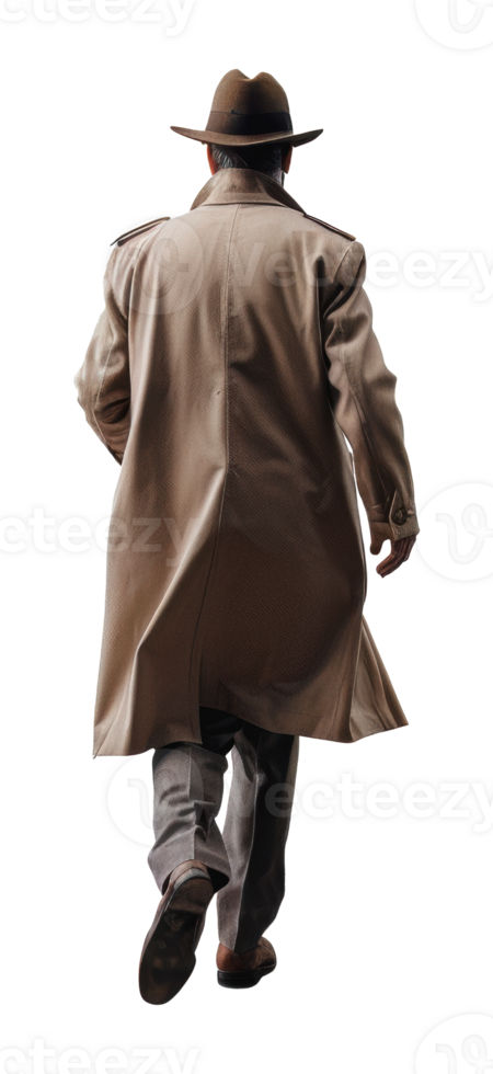 Man in brown fedora and trench coat walking away, cut out - stock png. png