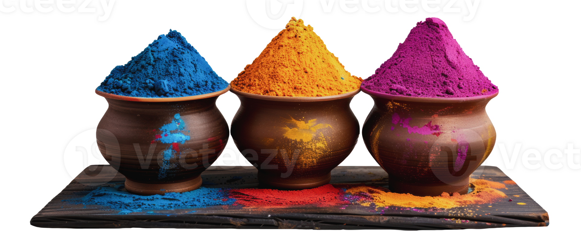 Three clay pots filled with colorful powder for holi festival celebration, cut out - stock png. png