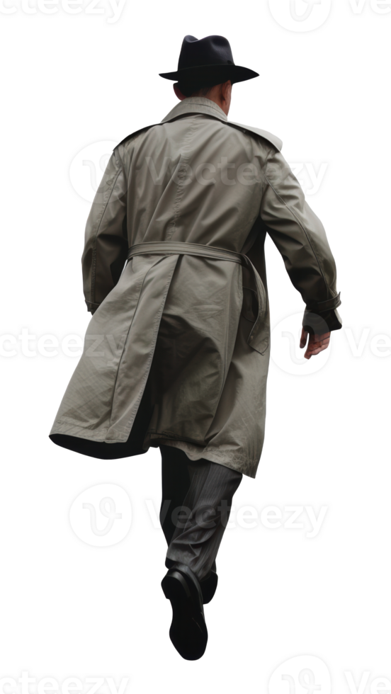 Man in trench coat and hat walking away on a cloudy day, cut out - stock png. png