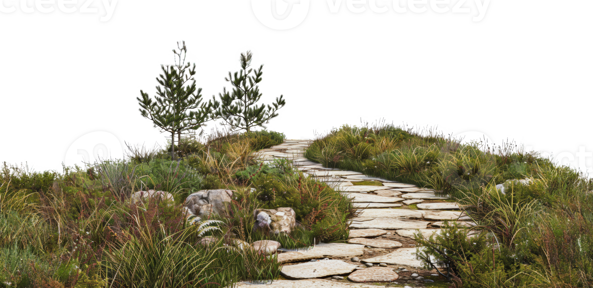 .Stone path through lush green garden, cut out - stock png. png