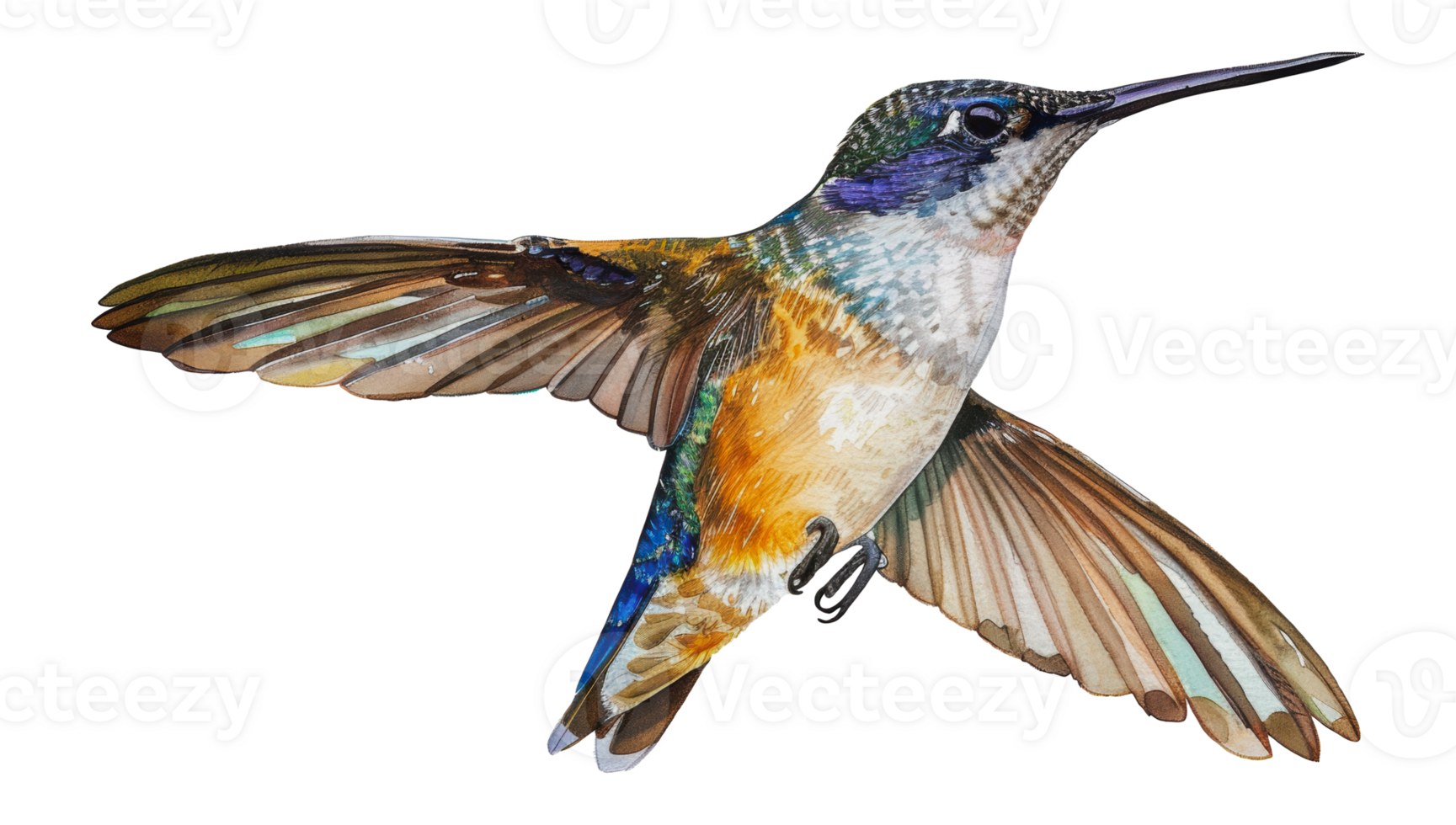 Colorful hummingbird in flight, cut out - stock png. png