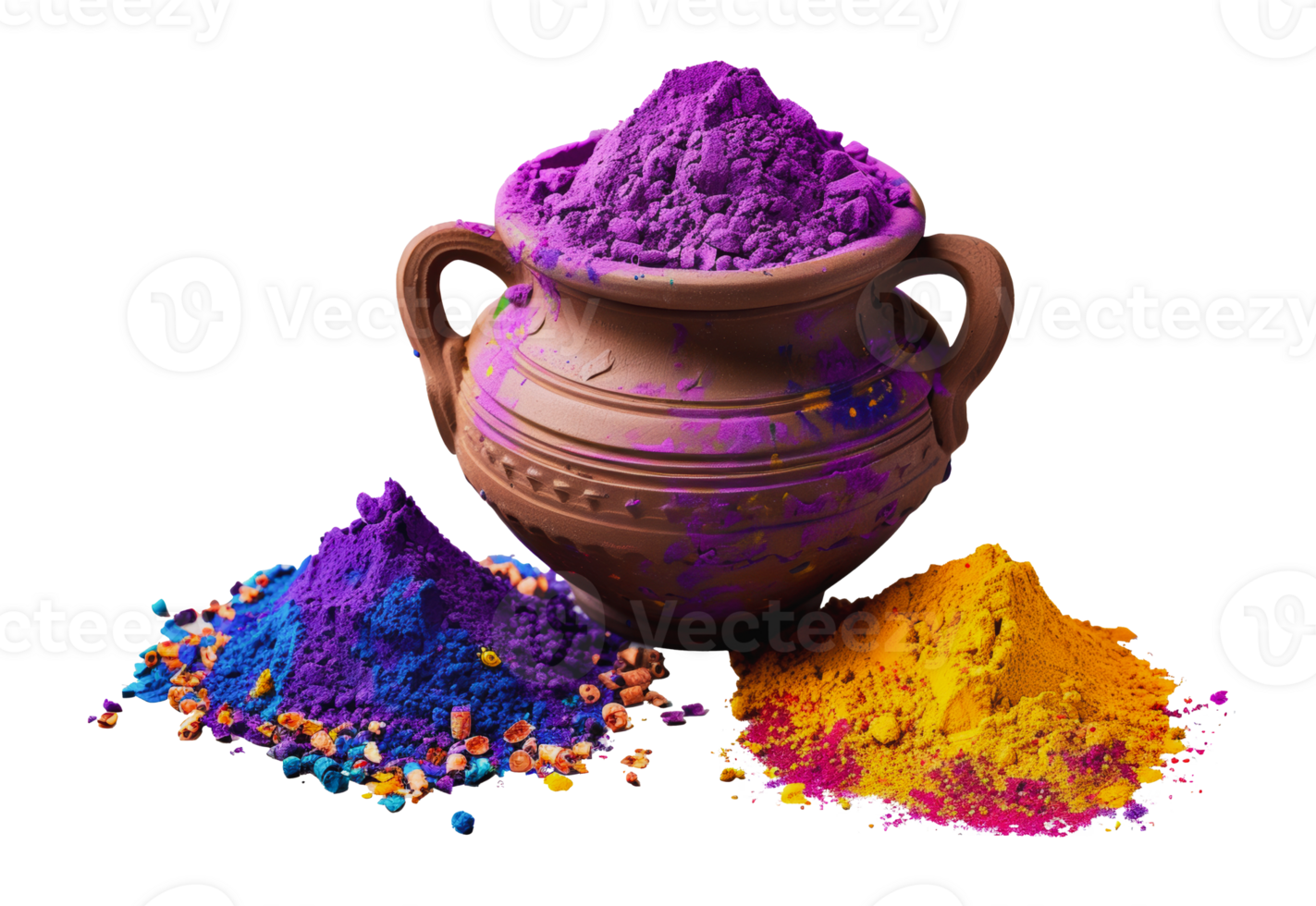 Clay pot filled with purple holi powder and surrounding piles of blue and yellow powder, cut out - stock png. png