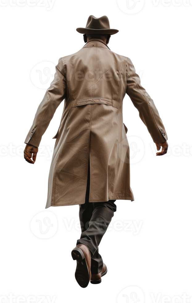 Man walking away in a brown trench coat and fedora, cut out - stock png. png