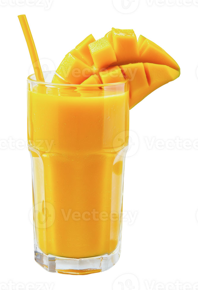 Freshly made mango smoothie with straw and sliced mango, cut out - stock png. png