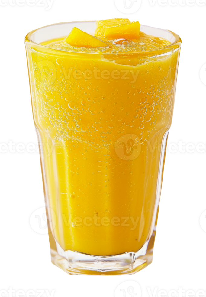 A glass of cold mango smoothie with ice and fruit chunks, cut out - stock png. png