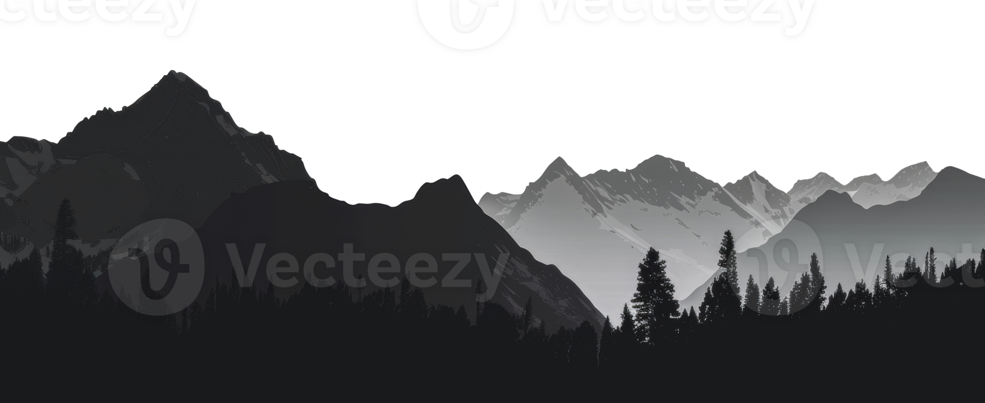 Silhouette of a mountain range at sunrise with pine trees, cut out - stock png. png