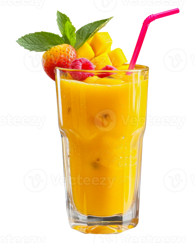 Refreshing mango smoothie with strawberry and raspberry garnish, cut out - stock png. png
