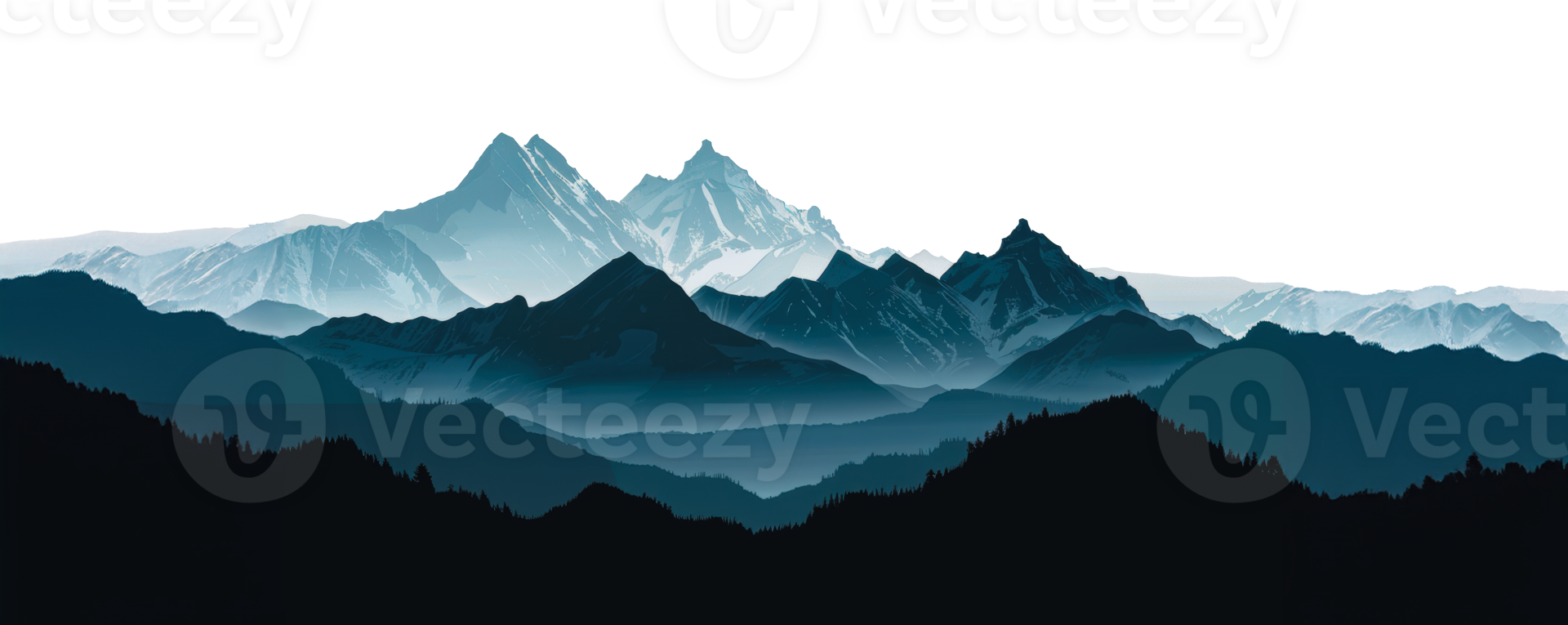 Misty mountain range with snowcapped peaks at dawn, cut out - stock png. png