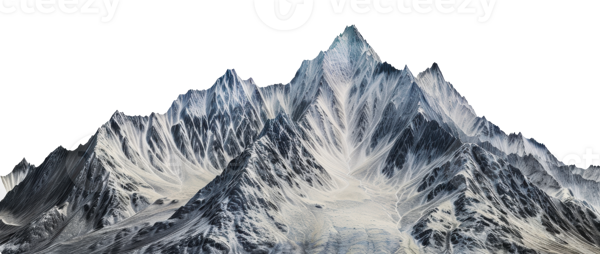 Snow-covered mountain range with rugged peaks and a white sky, cut out - stock png. png