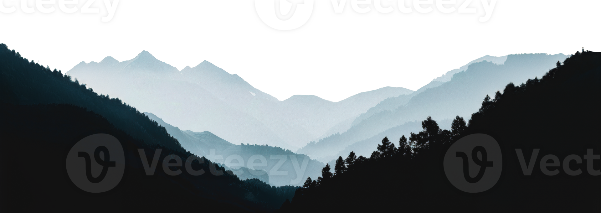 Silhouetted mountain range with fog in the morning light, cut out - stock png. png