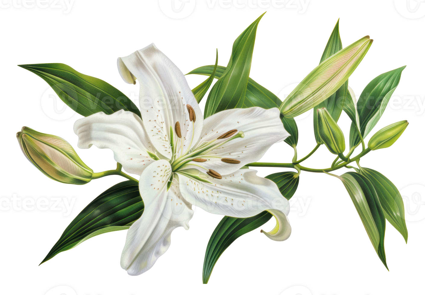 White lily flower blooming with green stem and buds, cut out - stock png. png