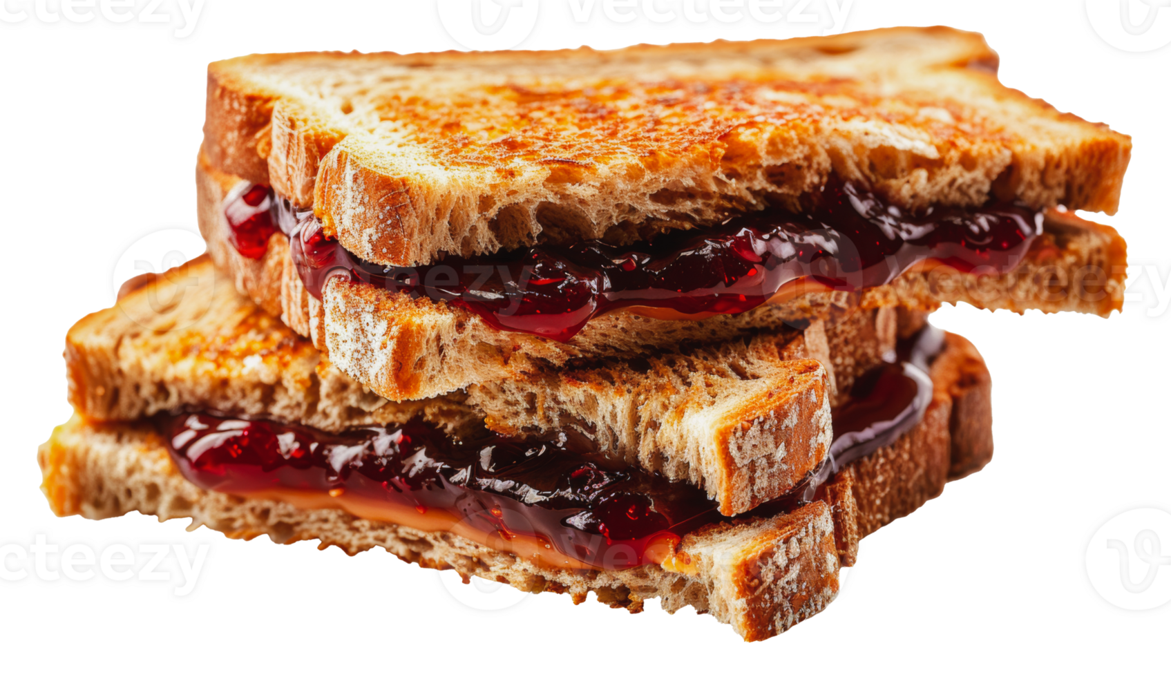 A close-up view of a toasted peanut butter and jelly sandwich, cut out - stock png. png