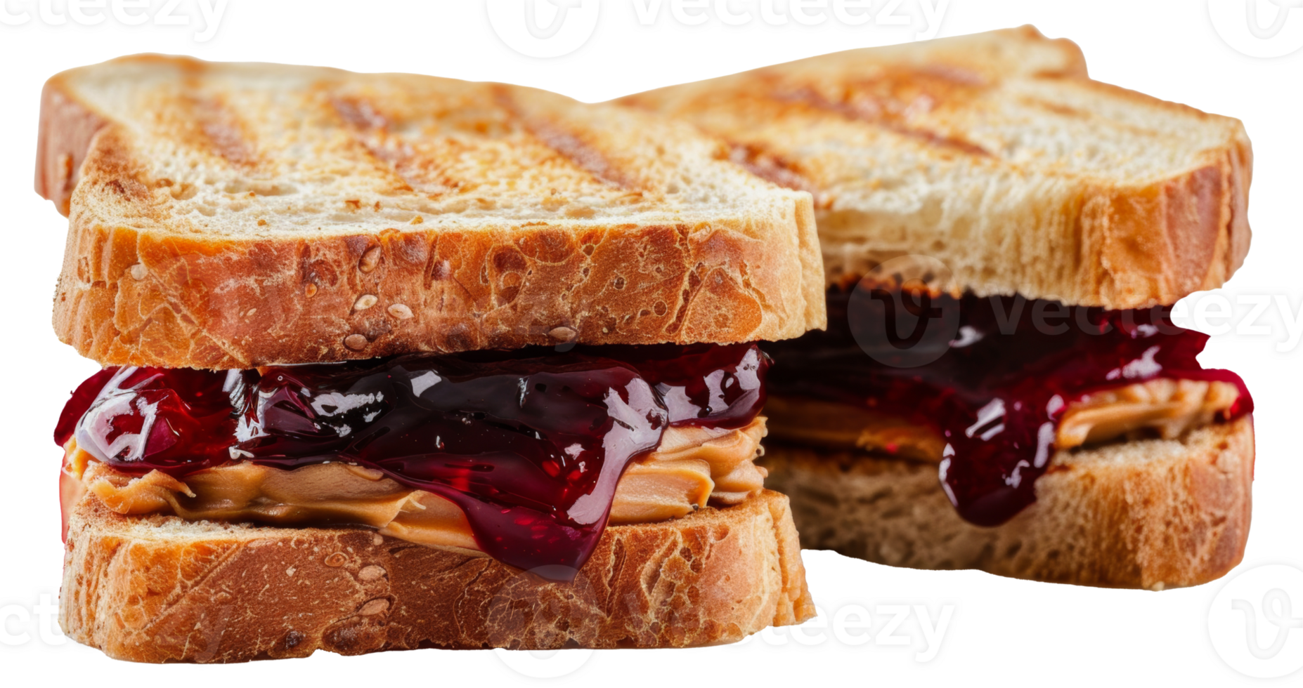 Two grilled peanut butter and jelly sandwiches, cut out - stock png. png