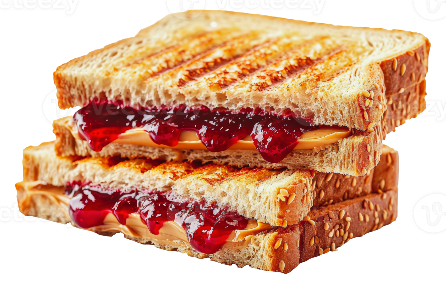 Close-up of a grilled peanut butter and jelly sandwich, cut out - stock png. png