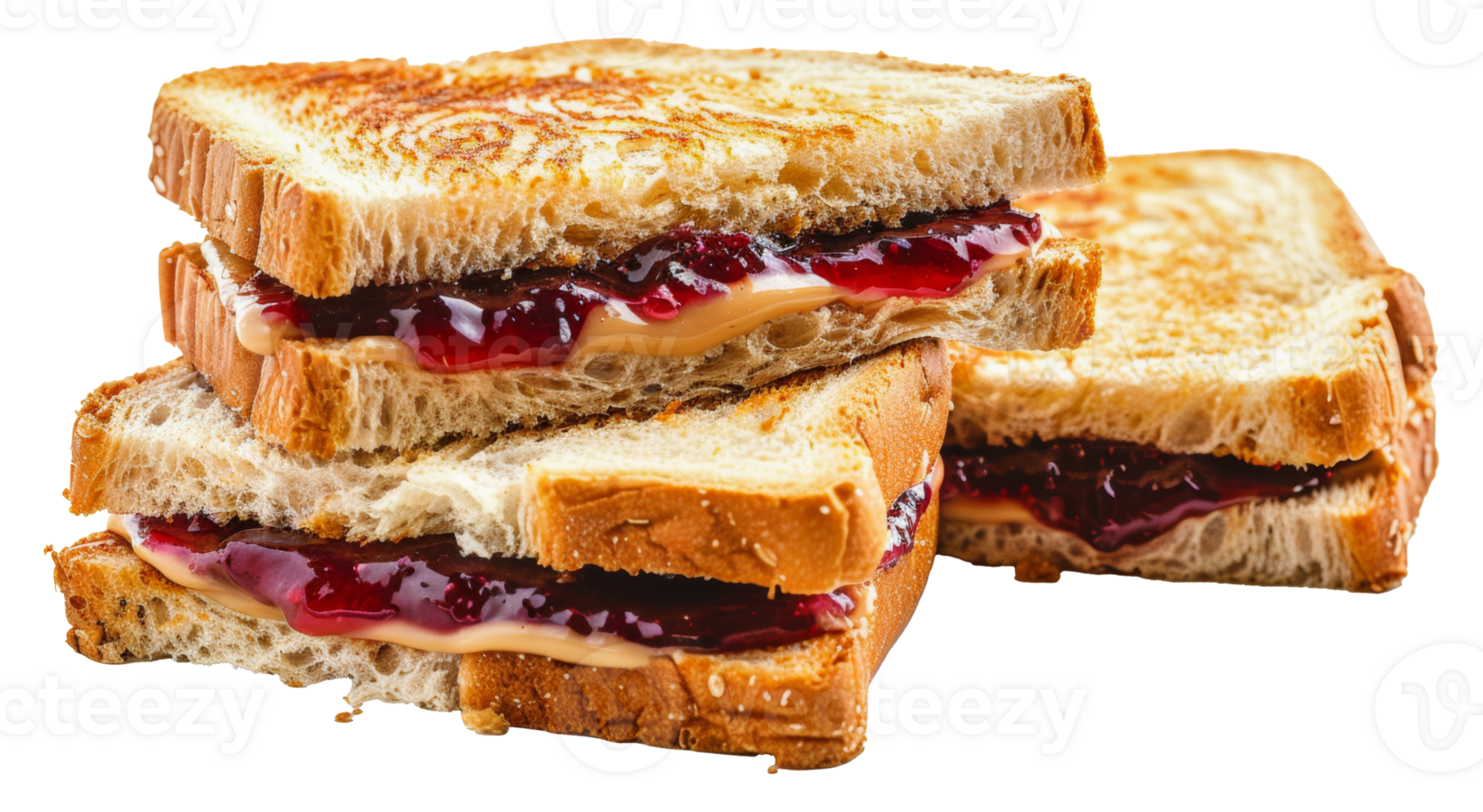 Close-up of toasted peanut butter and jelly sandwiches, cut out - stock png. png