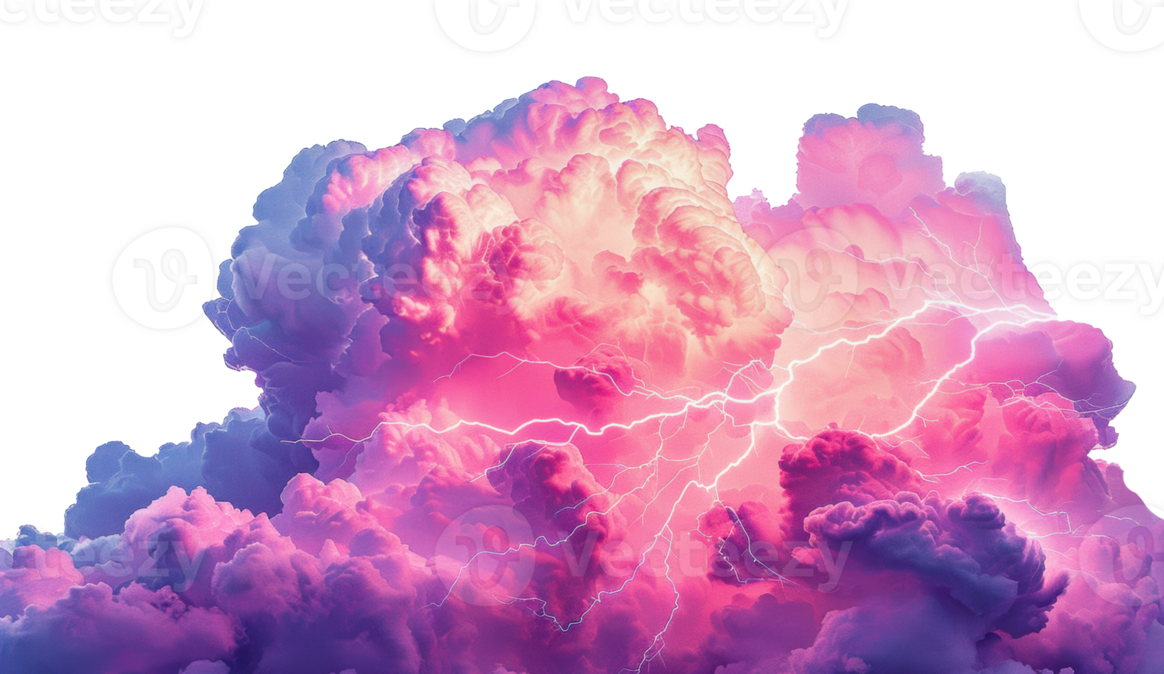 Pink and purple storm clouds with lightning bolts, cut out - stock png. png