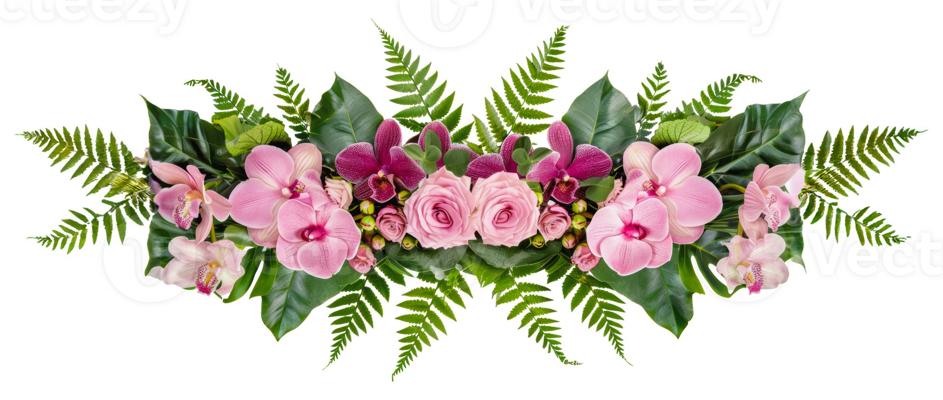 Pink orchid and rose floral arrangement with green fern leaves, cut out - stock png. png