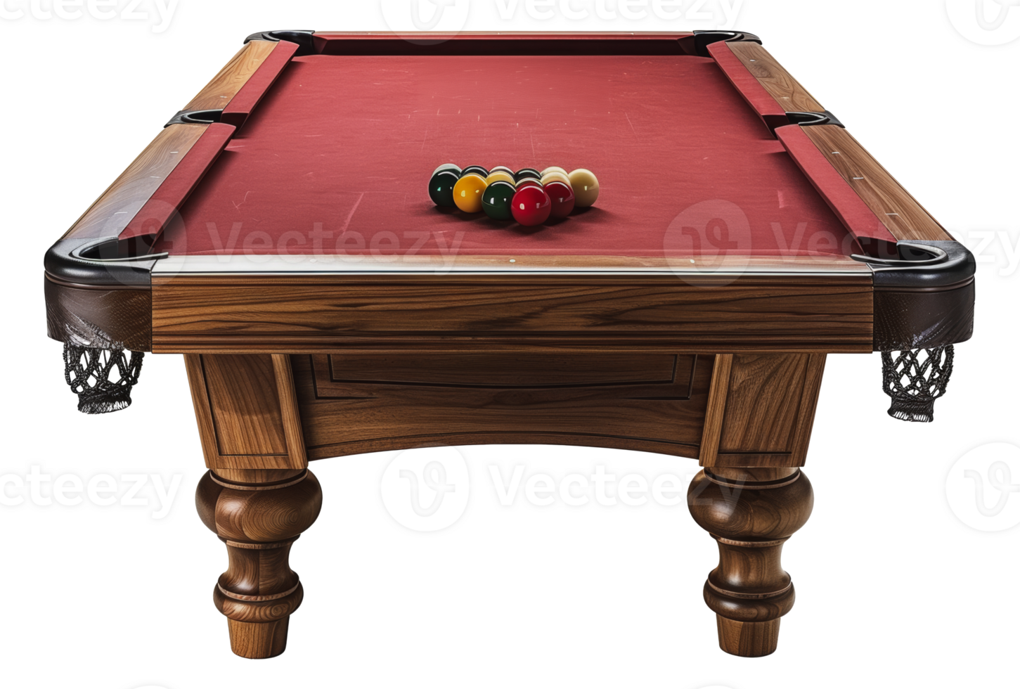 Wooden pool table with red felt and balls in a triangle formation, cut out - stock png. png